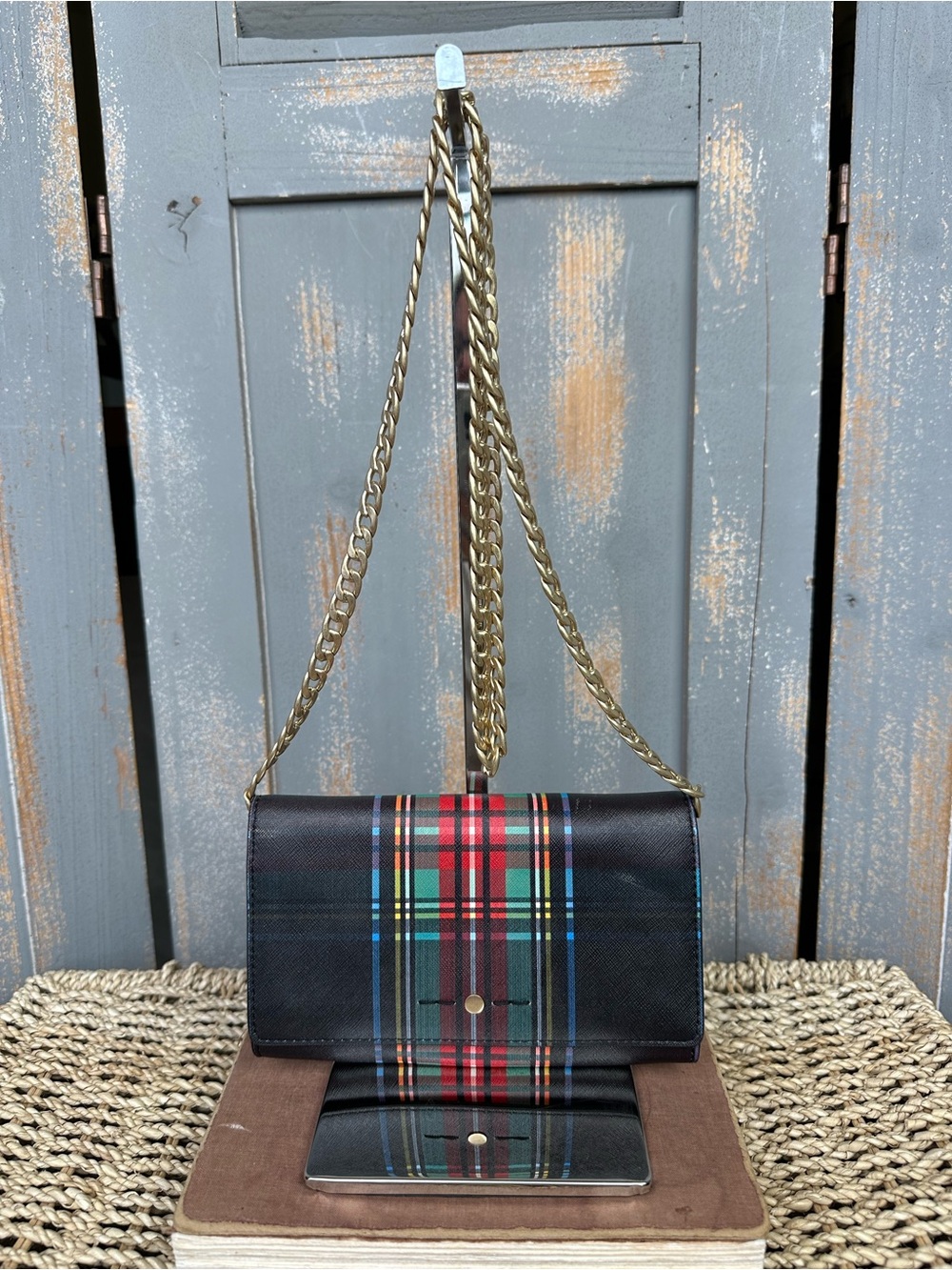 J. Crew Stewart Plaid Leather Wallet Clutch Bag